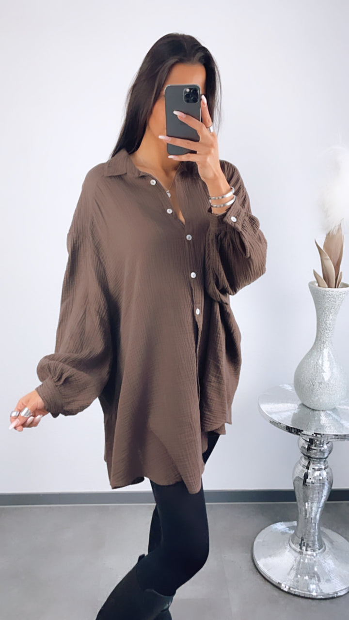 LANGE Oversize Musselin Bluse / schoko braun Art. 1818