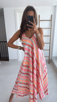 (Maxi-) PREMIUM Summer Vibe Kleid / Hängerchen " Happy Day " / creme - pink - neon gelb Art. 9574