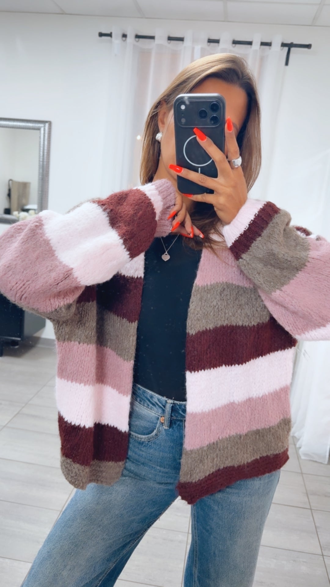 Offener Pastell Streifen Cardigan / braun meliert - Beere - rosa - Bordeaux rot Art. 16152