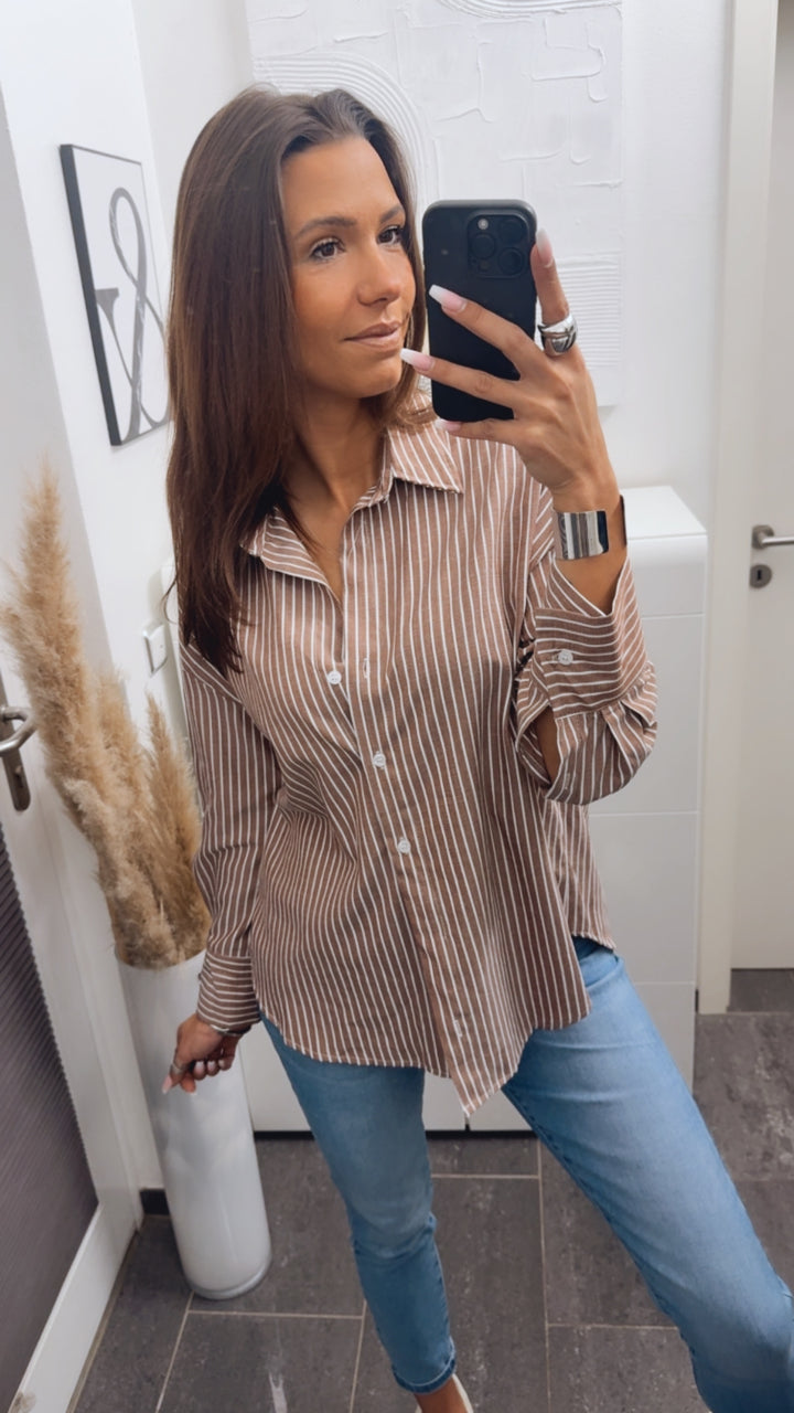 STREIFEN Baumwoll - Leinen Mix Bluse / braun - weiss Art. 14027