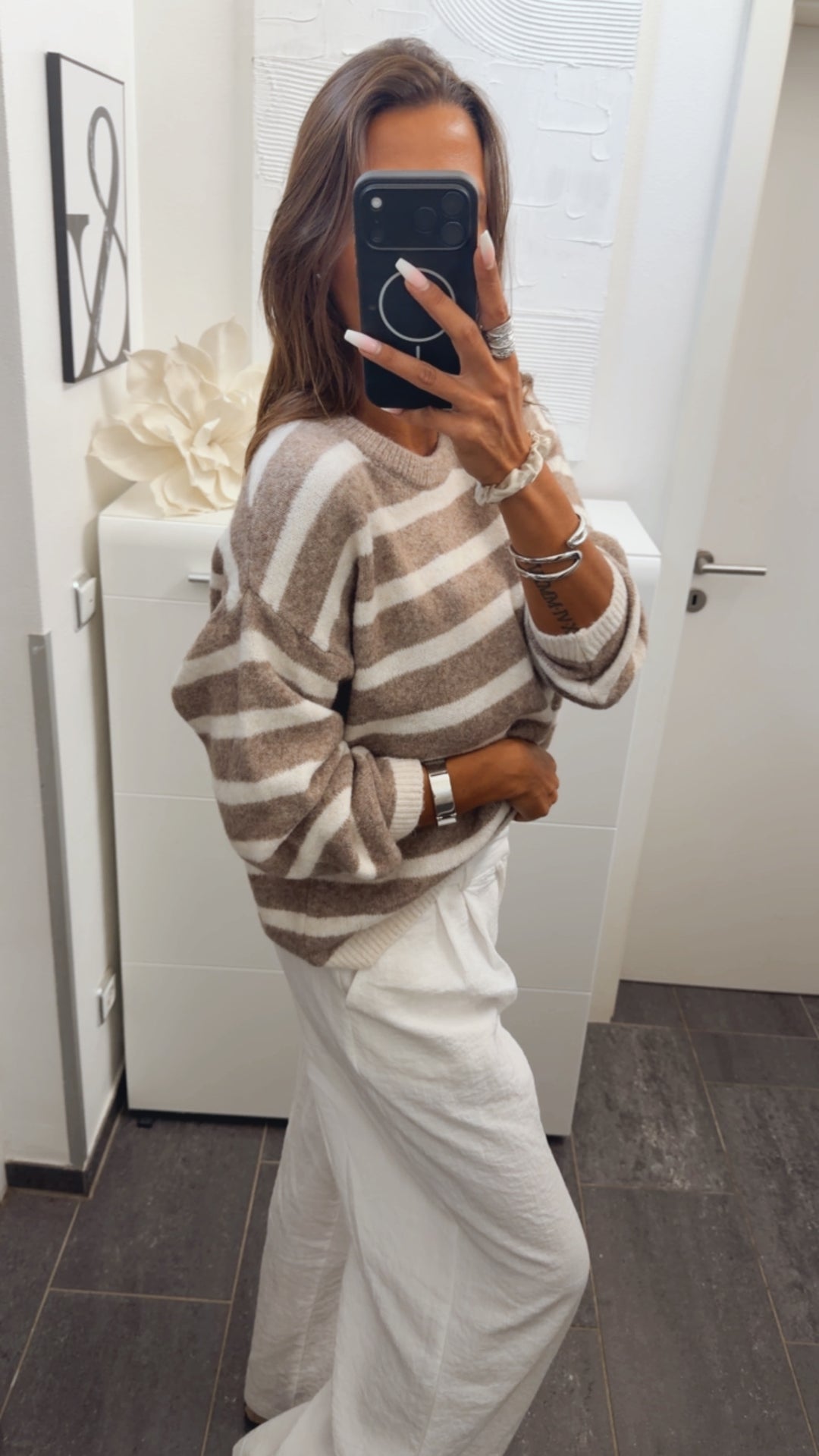 gestreifter, weicher Strick Pullover / taupe - weiss Art. 16119