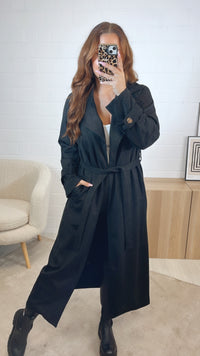 VELOURS langer Trenchcoat Mantel zum SCHNÜREN / schwarz Art. 12608