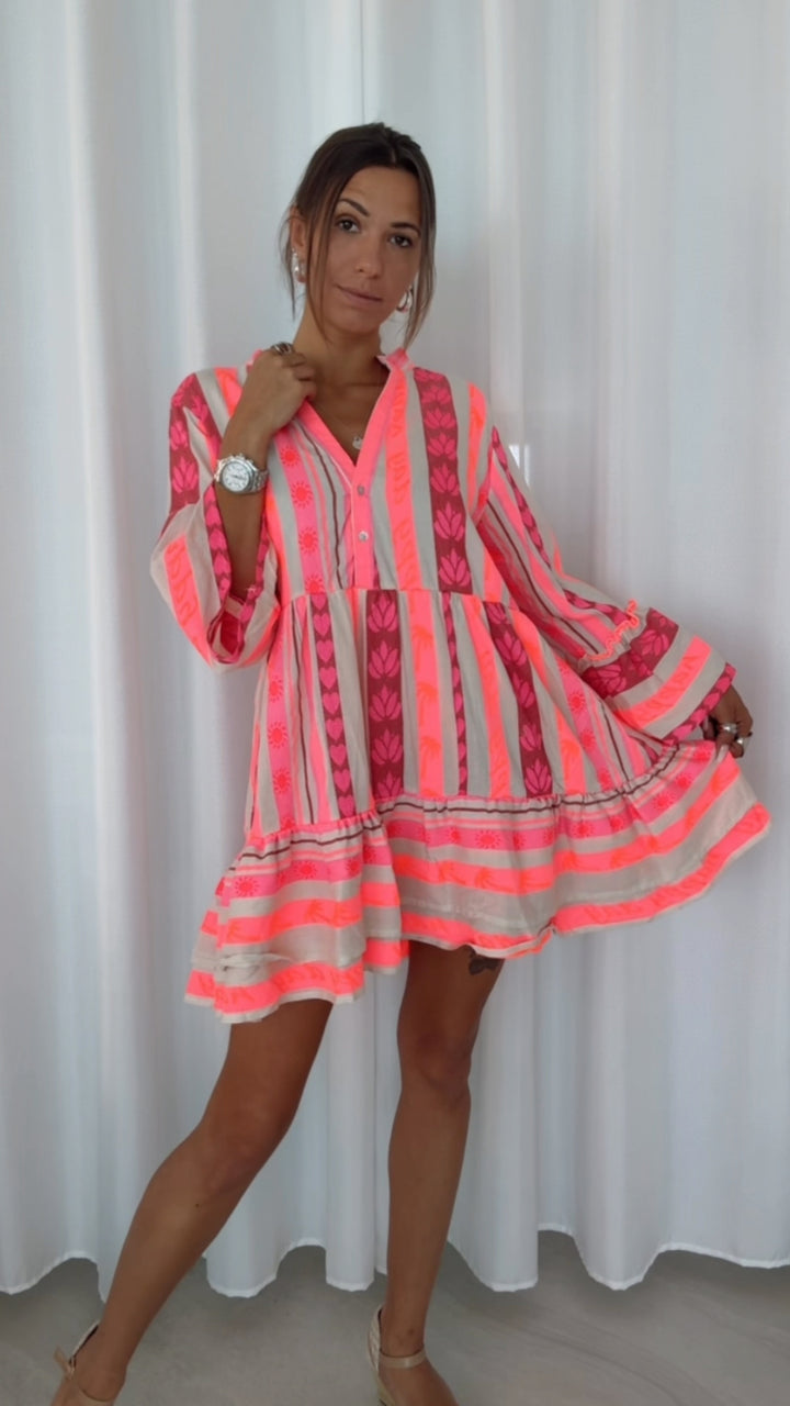 PREMIUM Tunika Kleid mit Muster „Happy Day“ / creme - rosa - pink Art.14575