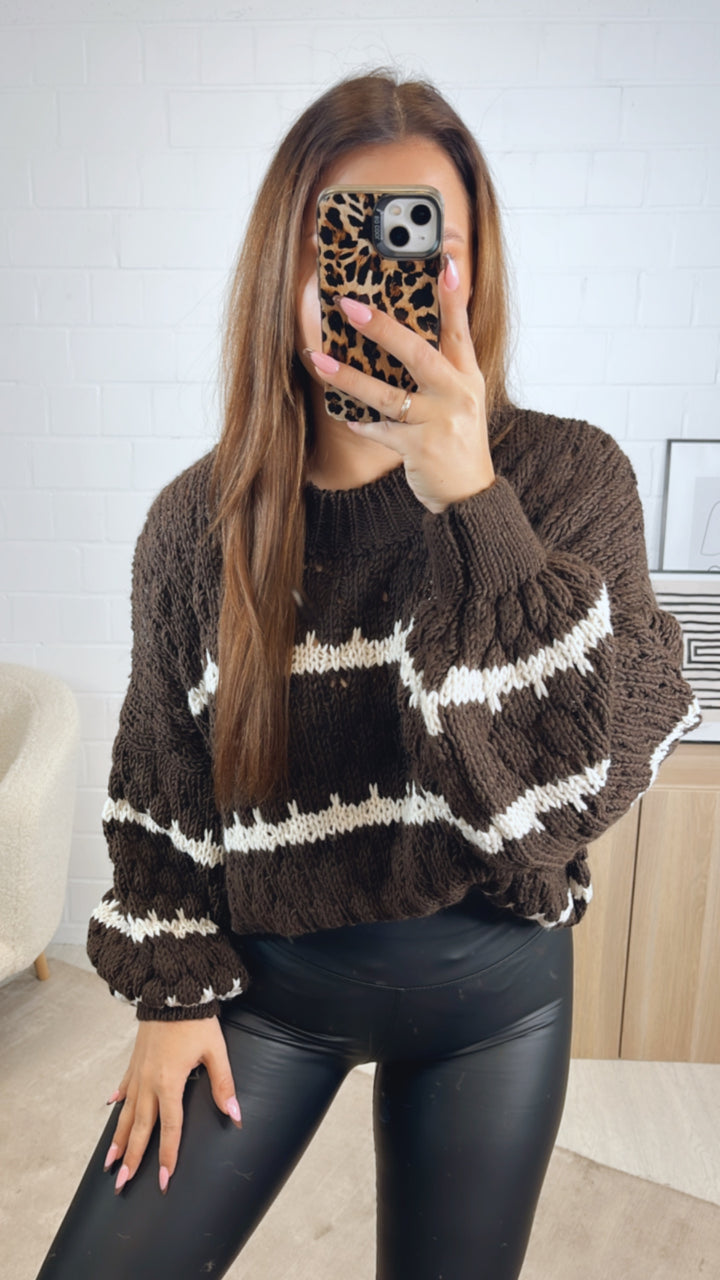 Pullover in ausgefallener Strickart / schoko braun - creme Art. 12805