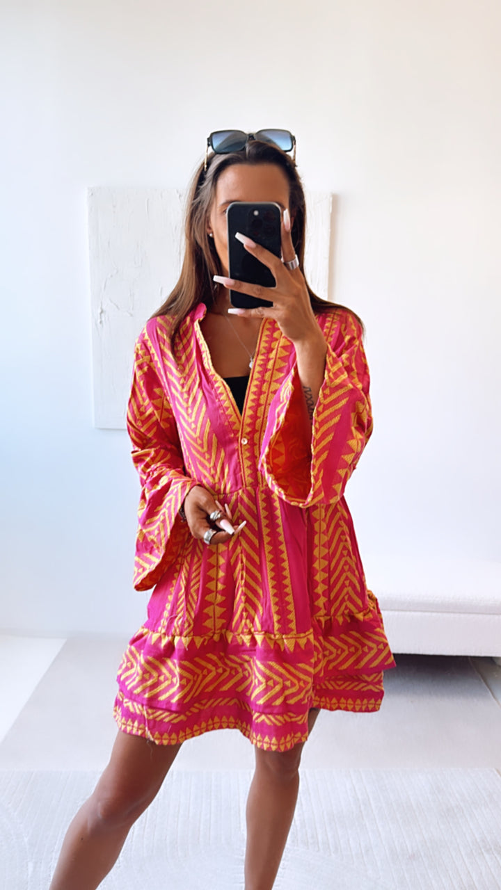 Tunika Kleid mit ausgefallenem Muster, eckige Formen / pink - gelb Art. 6705