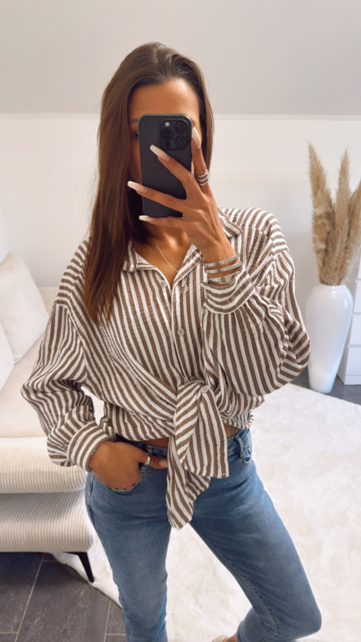KURZE Oversize Musselin Bluse mit Streifen / braun - beige Art. 9327