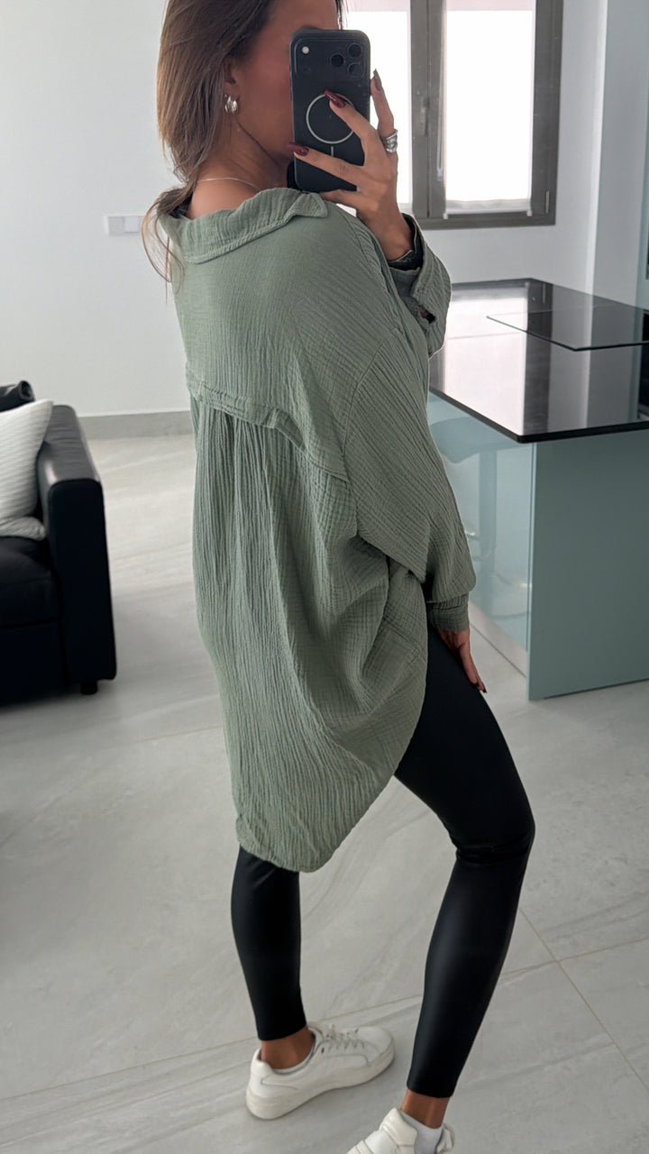 LANGE Oversize Musselin Bluse / khaki Art. 12465