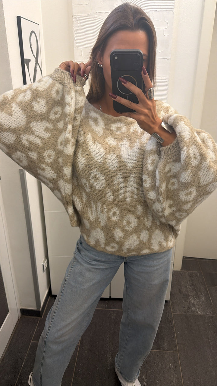 LEO Strick Fledermaus Pullover, breiter Ausschnitt / creme - beige Art. 16443