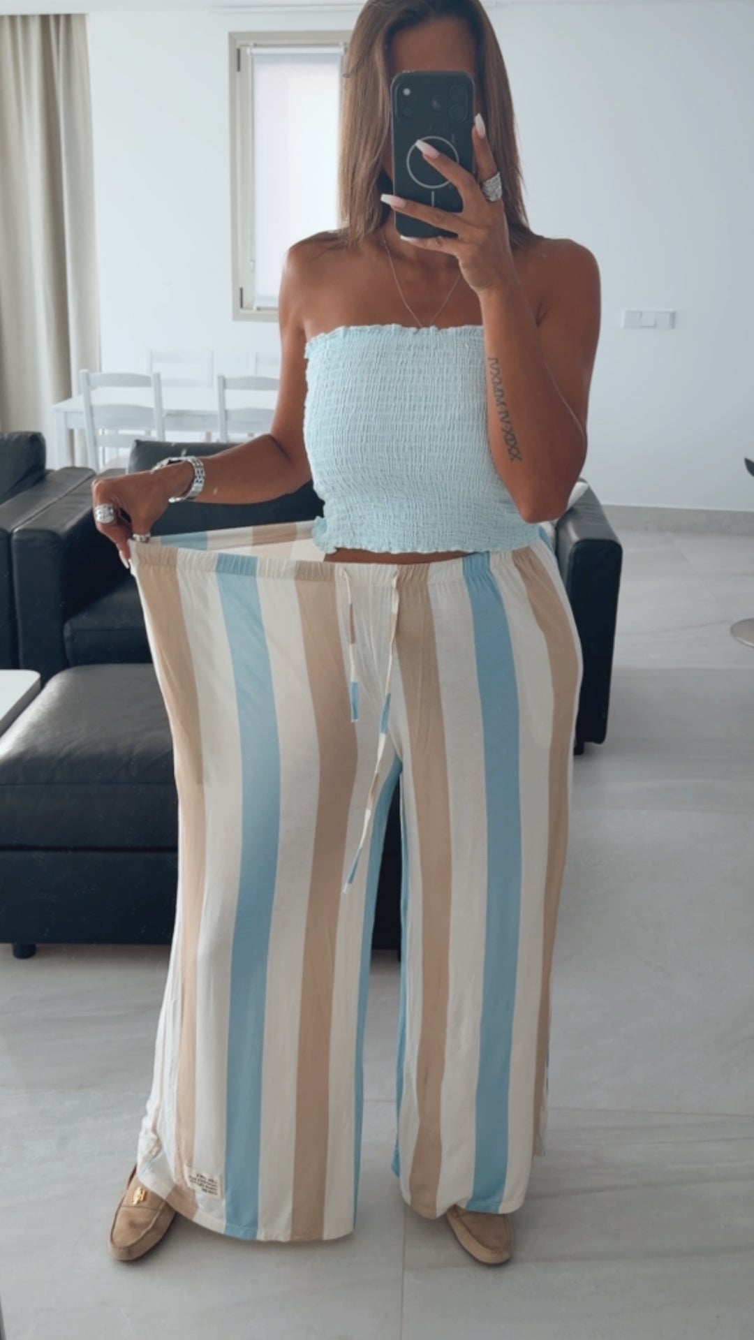 Softe STREIFEN Stoff Hose / hell blau - beige - weiss Art. 16069