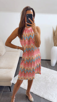 Kurzes, fließendes Kleid ZICKZACK Muster / rosa - pink - beige - orange - blau Art.15042