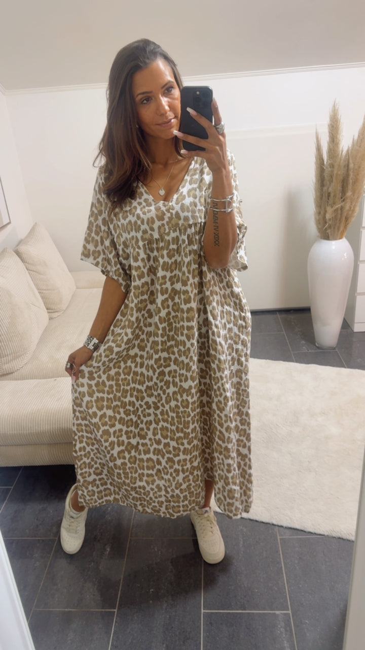 LEO langes Musselin Kleid, kurze Ärmel / weiß - beige - taupe Art. 14646