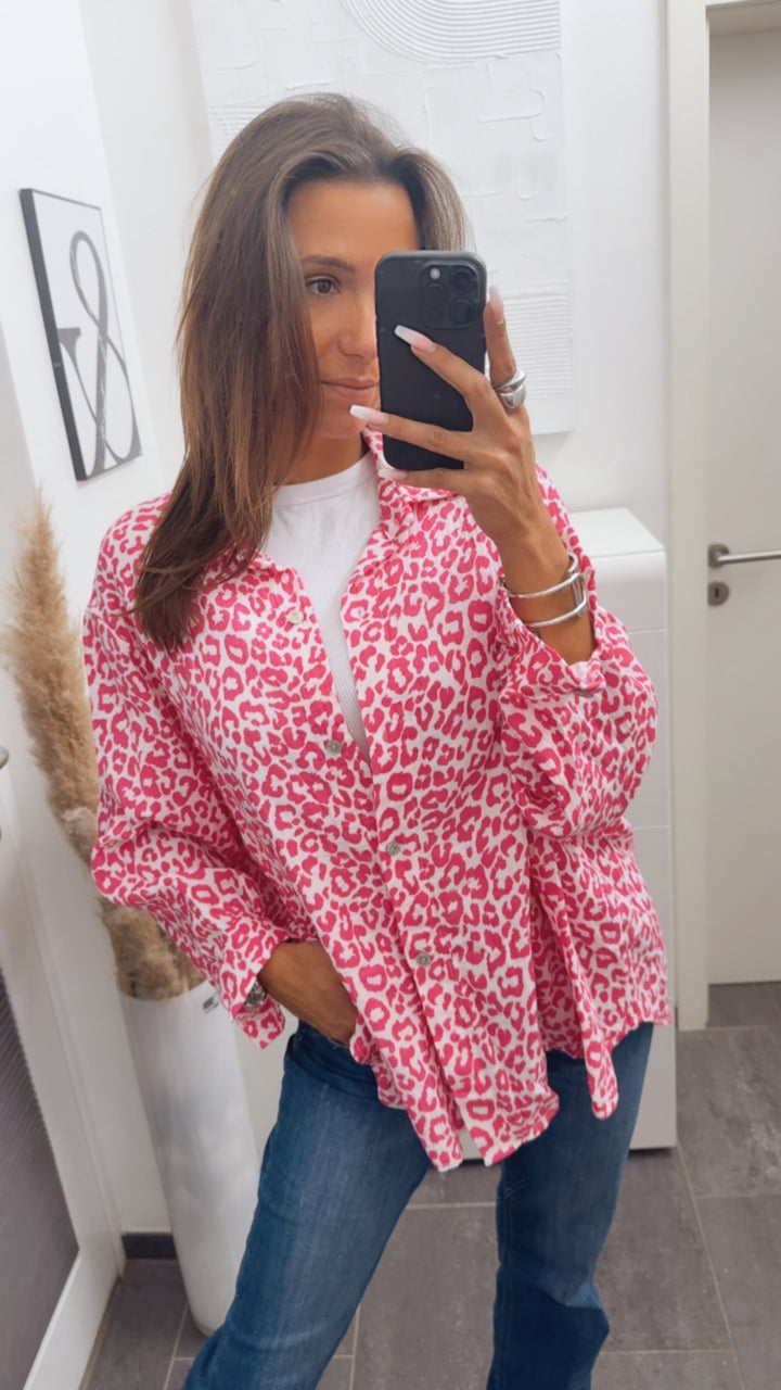 LEO KURZE Oversize Musselin Bluse / weiss - pink Art. 13763