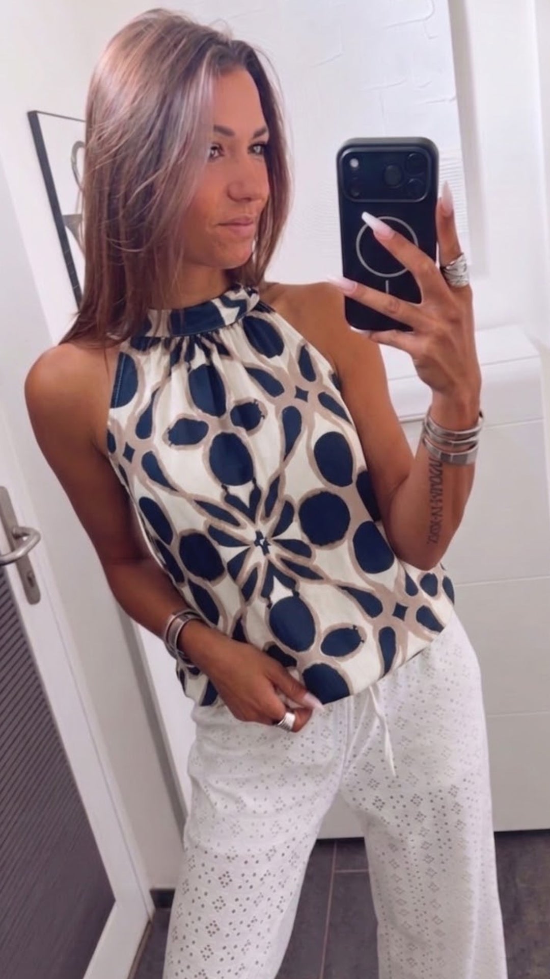 BOHO SPIRIT ärmelloses Top / weiss - marine blau - beige Art. 15733