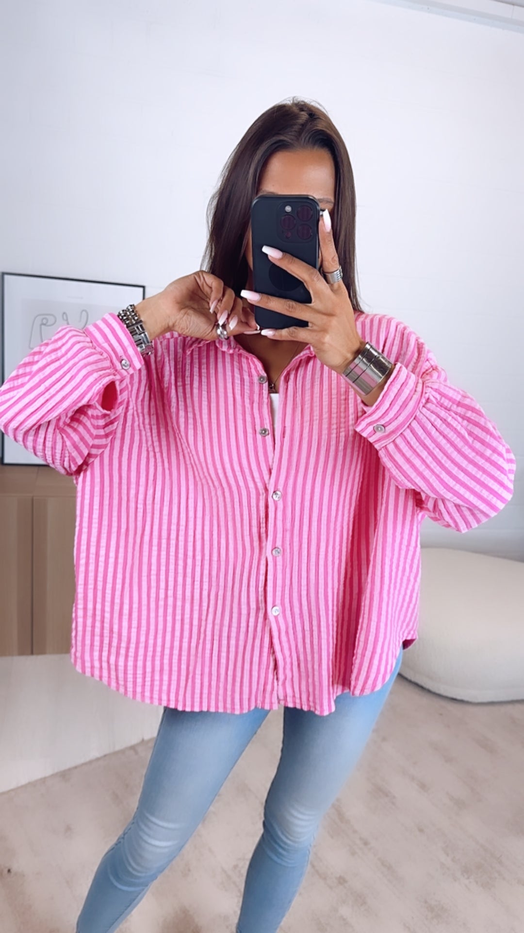 KURZE Oversize Musselin Bluse, breite Streifen / pink - rosa Art. 6518
