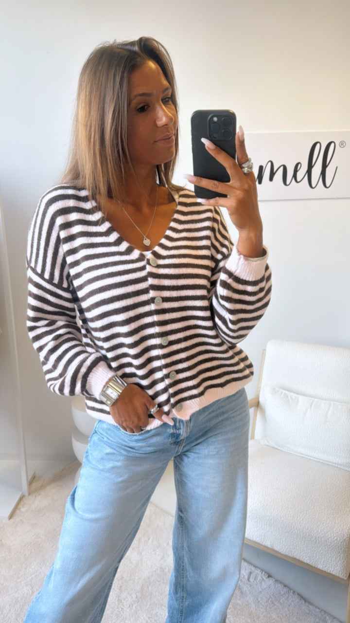 gestreifter Cardigan, Perlmutt Optik Knöpfe / braun-rosa  Art. 11207