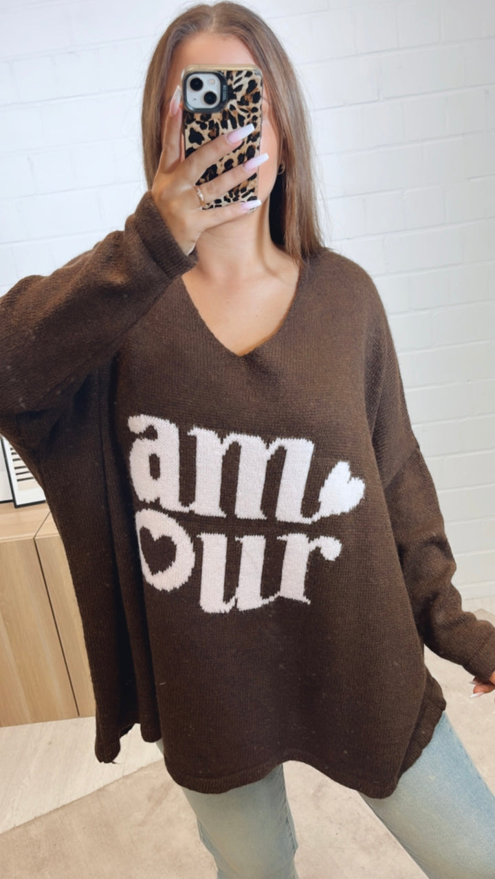 weiter Strick Pullover " Amour " /  braun - zartes soft rosa Art. 11219