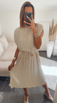Plissiertes MIDI Kleid mit Bindegürtel / creme-beige Art.14785