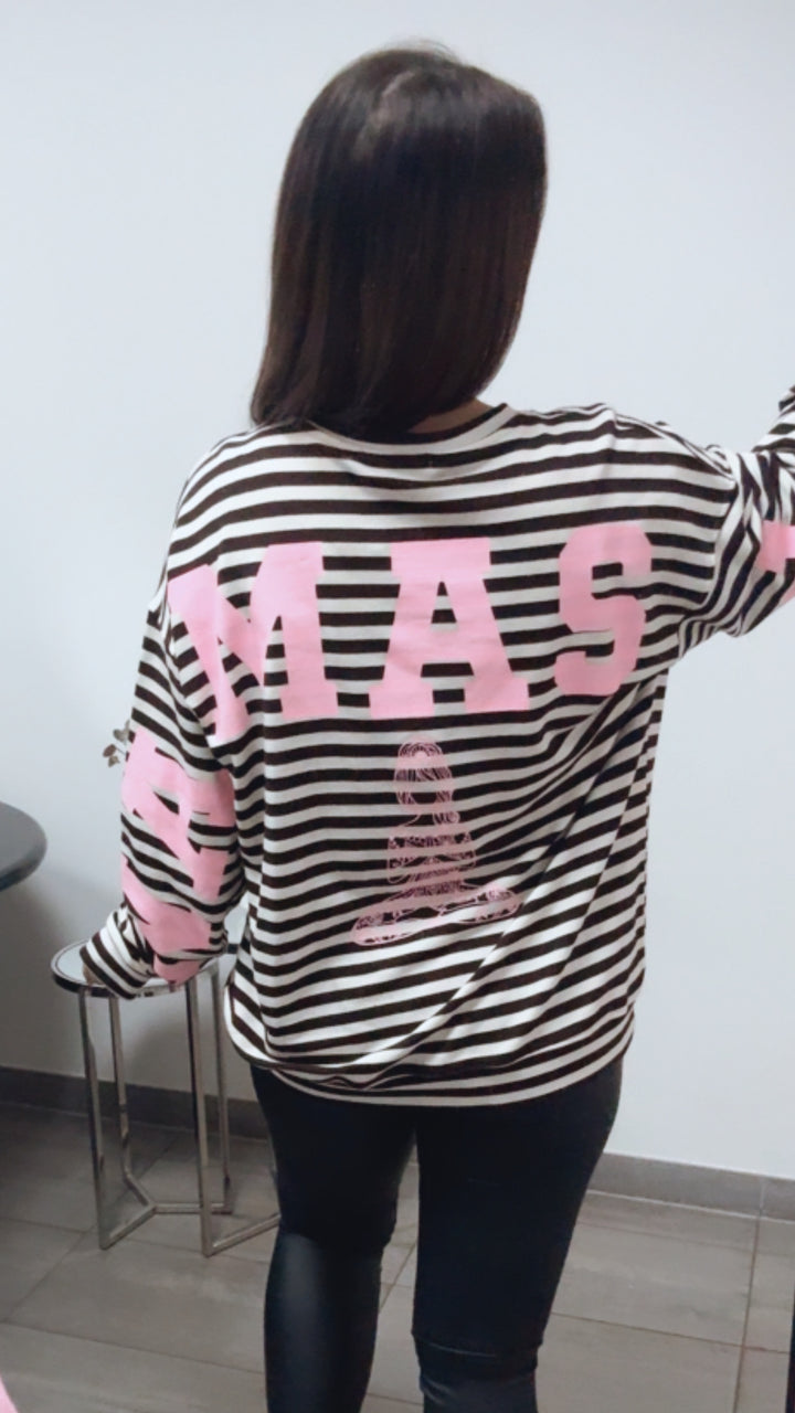 BREITE STREIFEN Pullover " all damn day " / creme - dunkel braun - soft rosa Art. 13707