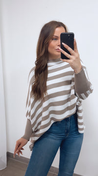 STREIFEN ultra weicher Pullover mit Fledermausärmeln / taupe - creme Art. 14763