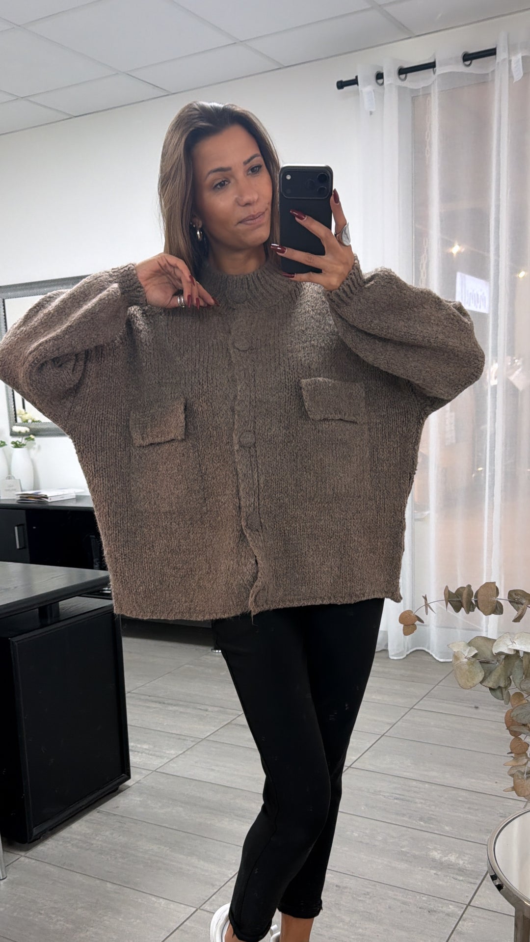 Oversize Strick Cardigan mit Taschen, Strick Knöpfe / taupe Art. 16736