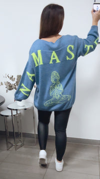 Strick Pullover "Namaste" / Denim Blau - Neon gelb Art. 13337