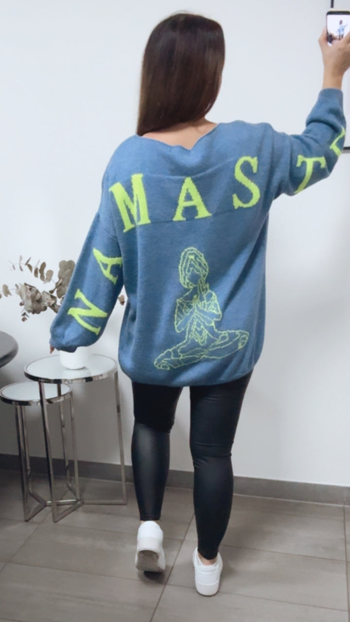 Strick Pullover "Namaste" / Denim Blau - Neon gelb Art. 13337