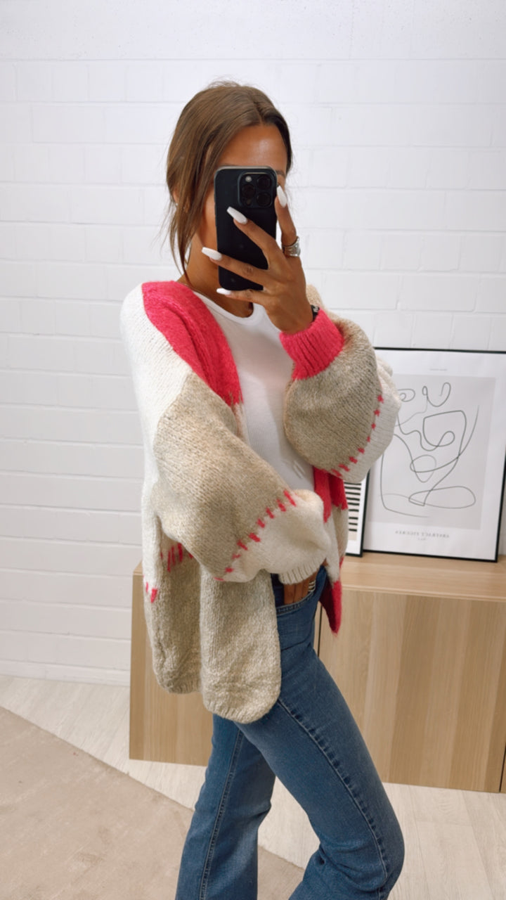 kurzer, mehrfarbiger Strick Cardigan / pink - creme - beige Art. 10724