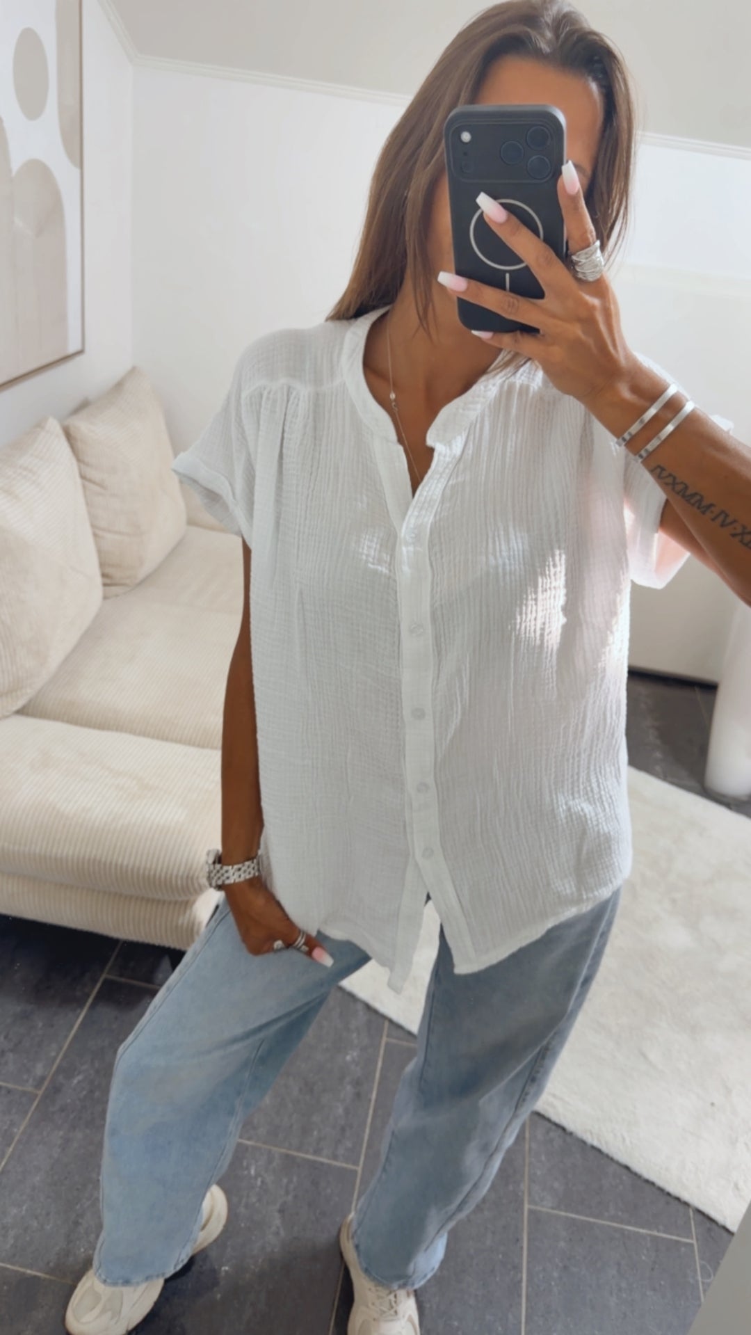 Musselin Shirt mit Knopfleiste, OHNE Kragen / weiss Art. 15380