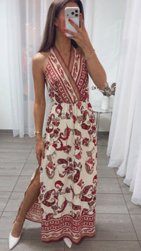 Jumpsuit mit Neckholder und Rückenausschnitt / creme - rot - beige Art.16089