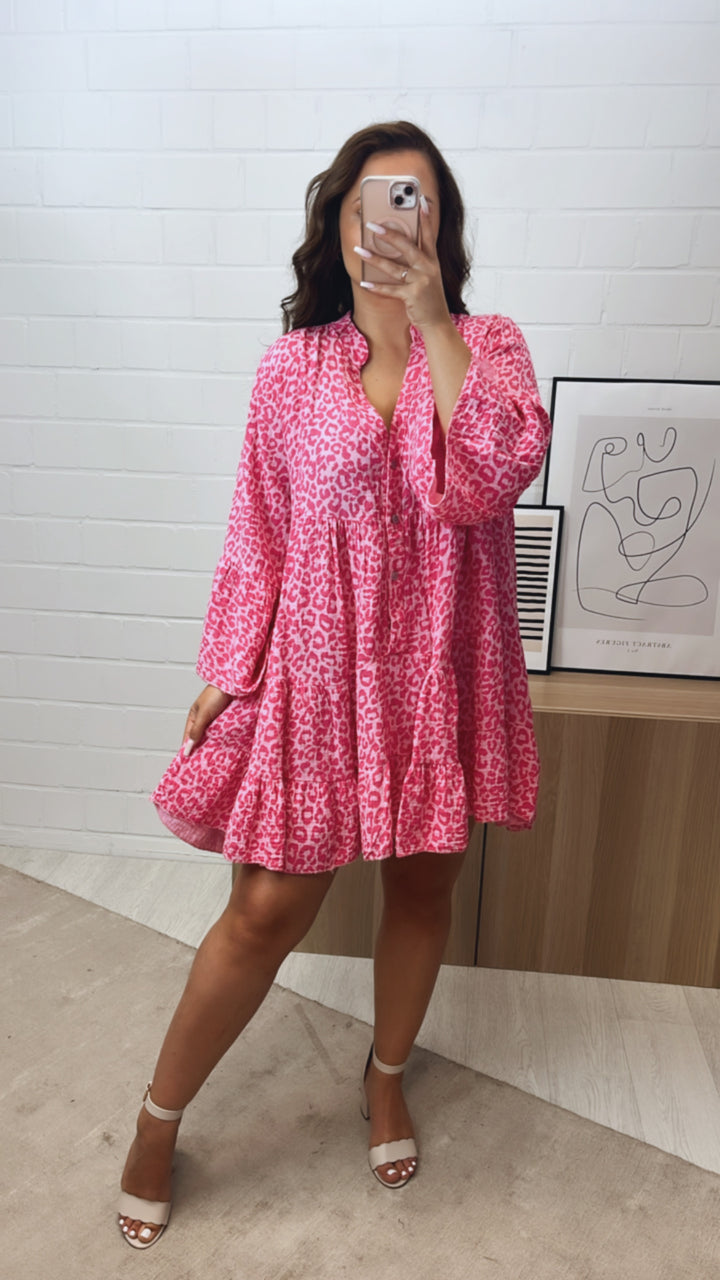 Musselin Kleid / Tunika im Leo Muster / soft pink - pink Art. 10737