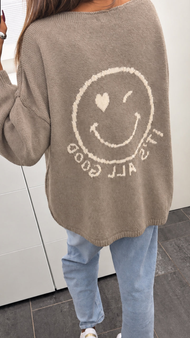 SMILEY Strick Pullover " all good " / beige - weiss Art. 16442