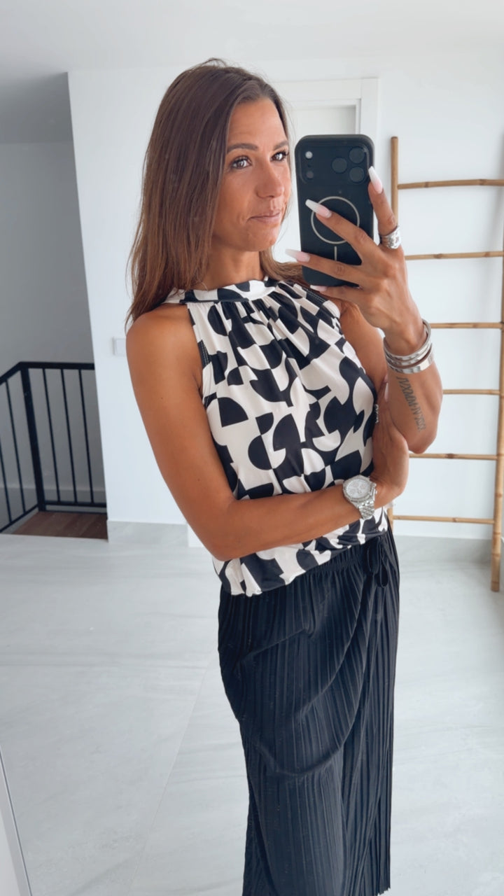 GEOMETRISCHE Optik ärmelloses Top / schwarz - Creme  Art. 15314