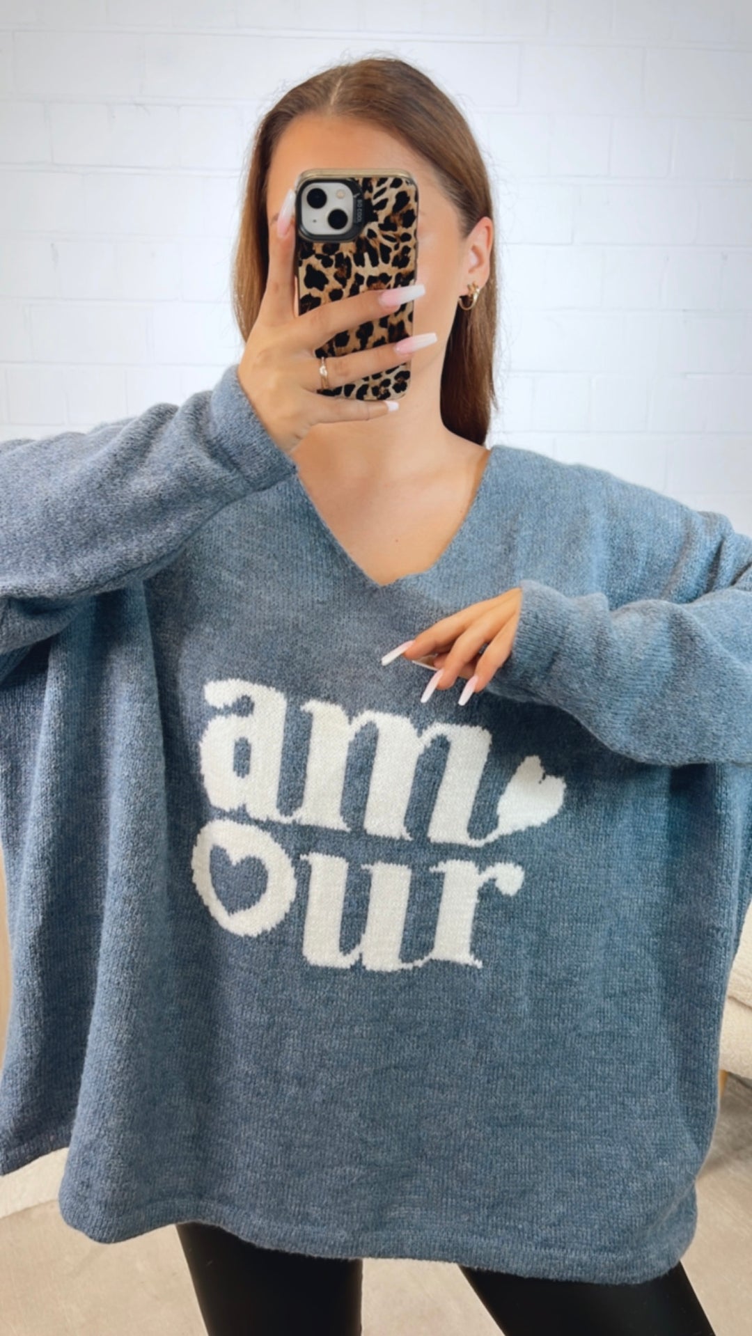 weiter Strick Pullover " Amour " / Denim blau - weiss Art. 12424