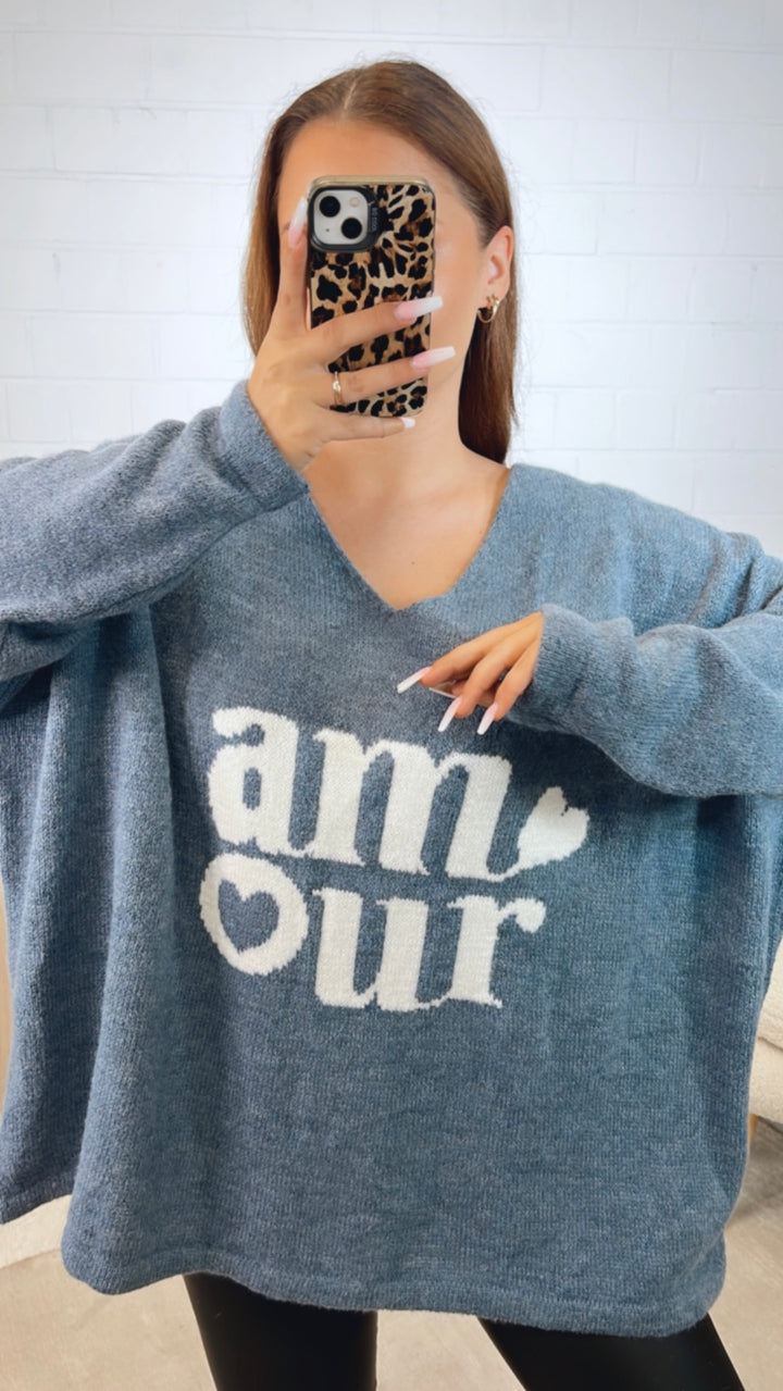 weiter Strick Pullover " Amour " / Denim blau - weiss Art. 12424