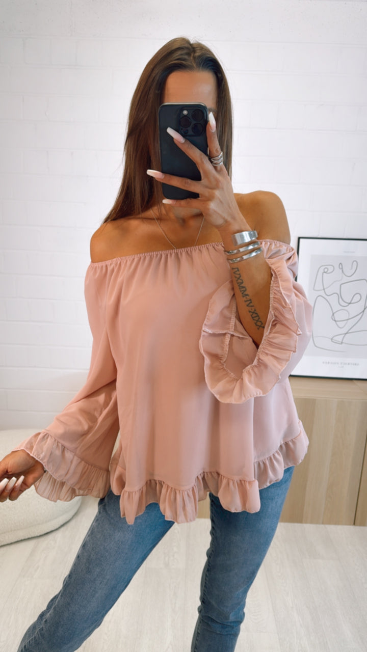Chiffon Bluse mit Volant Applikationen / puder - rosa Art. 9352