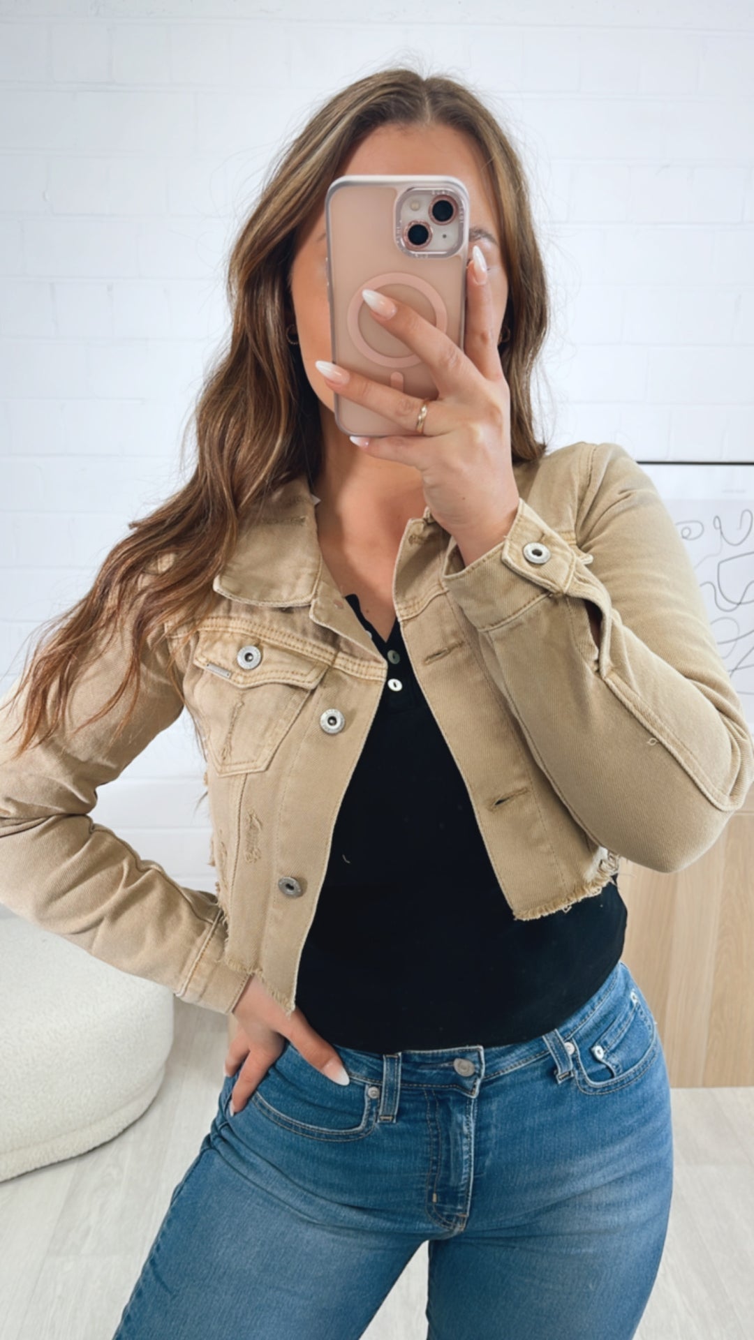 Crop Jeansjacke mit used - Elementen / sand Art. 9522