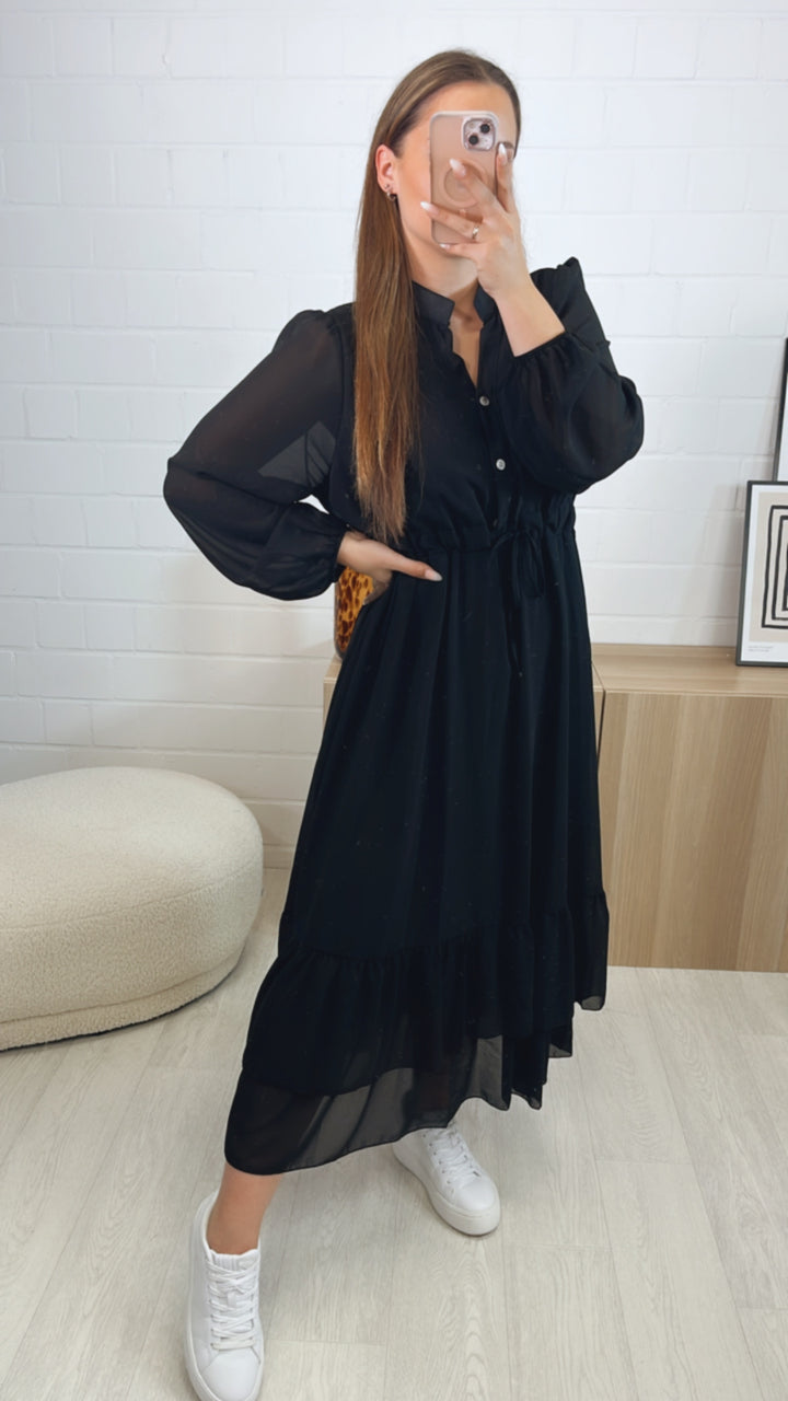 (Maxi-) Chiffon Kleid mit verstellbarer Taille / schwarz Art. 9786