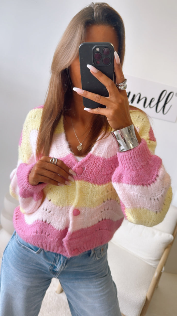 Strickjacke mit Herzknöpfen/ soft pink- gelb   Art.11160