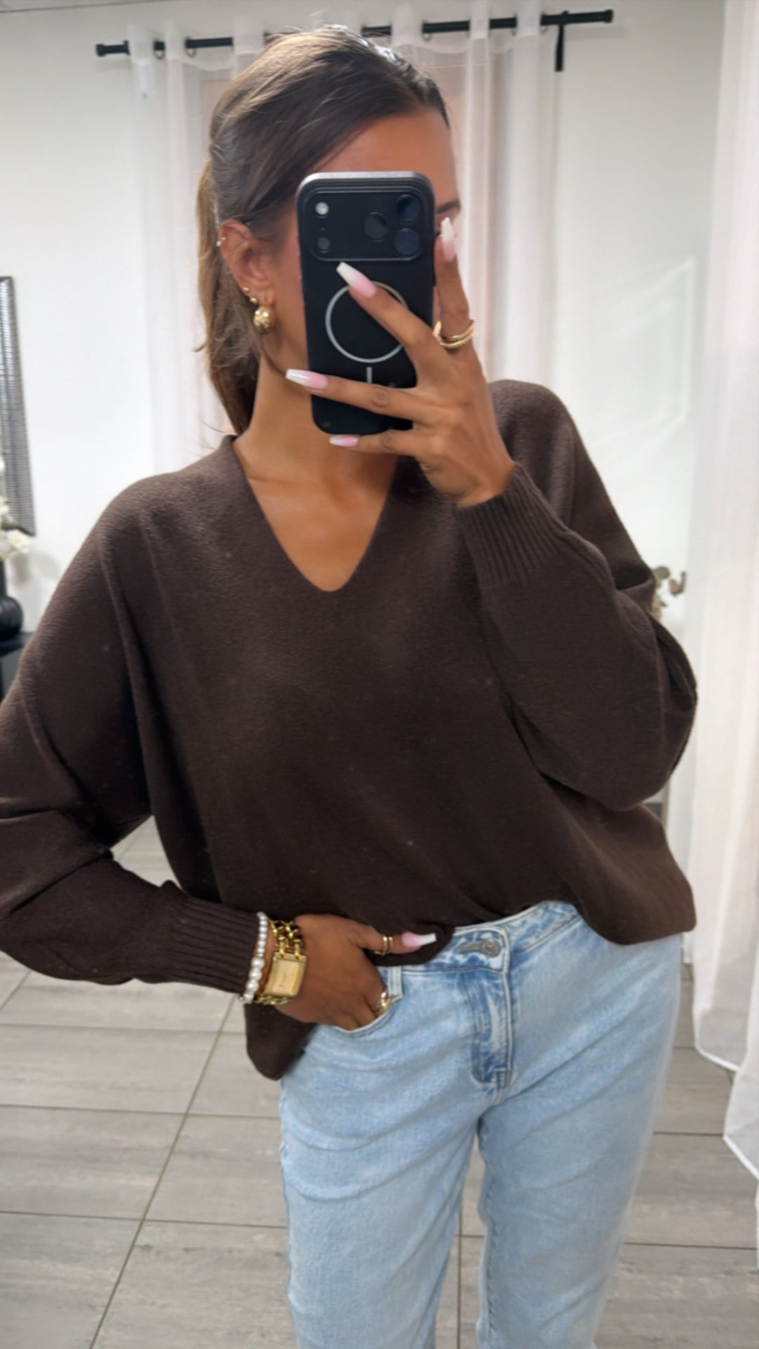 Viskose Mix Pullover mit V-Ausschnitt / braun Art. 16236