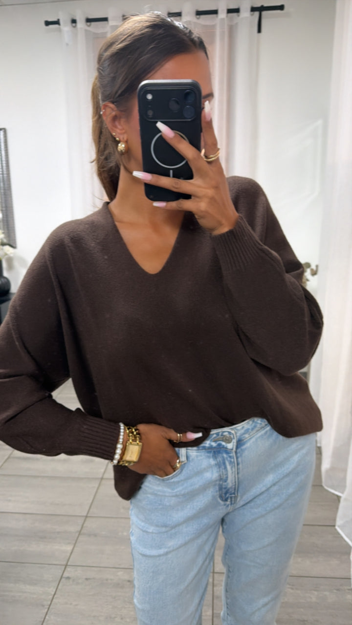 Viskose Mix Pullover mit V-Ausschnitt / braun Art. 16236