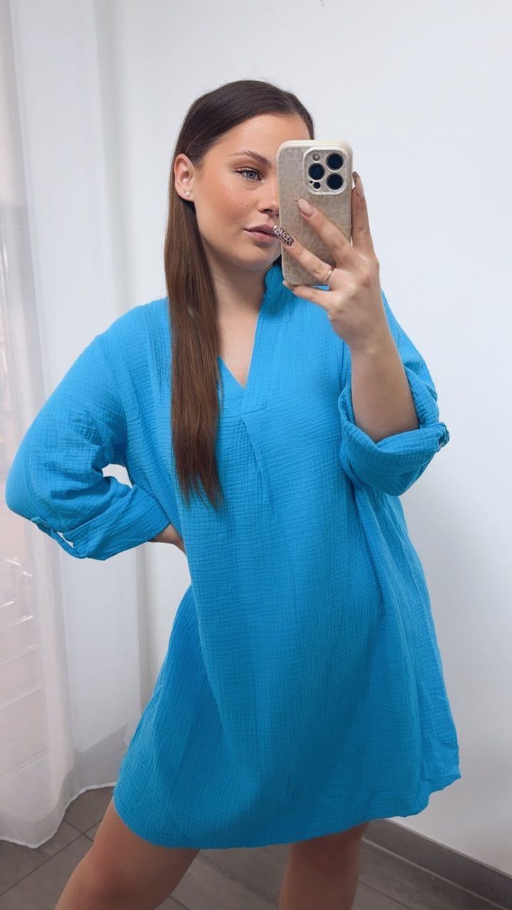 BLUSENKLEID Musselin mit V-Ausschnitt / azur blau Art. 14451