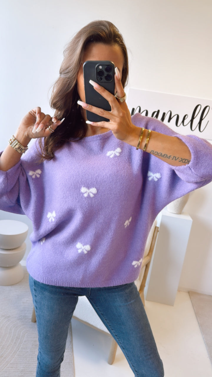 Pullover mit Schleifen, 3/4 - Ärmel / lila - weiß Art. 9221