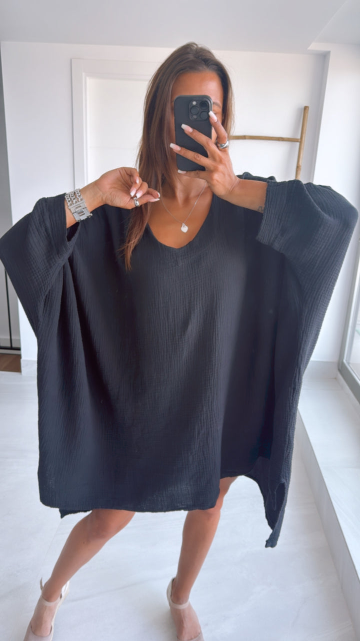 Musselin Ultra Vokuhila Long Bluse / schwarz Art. 9776