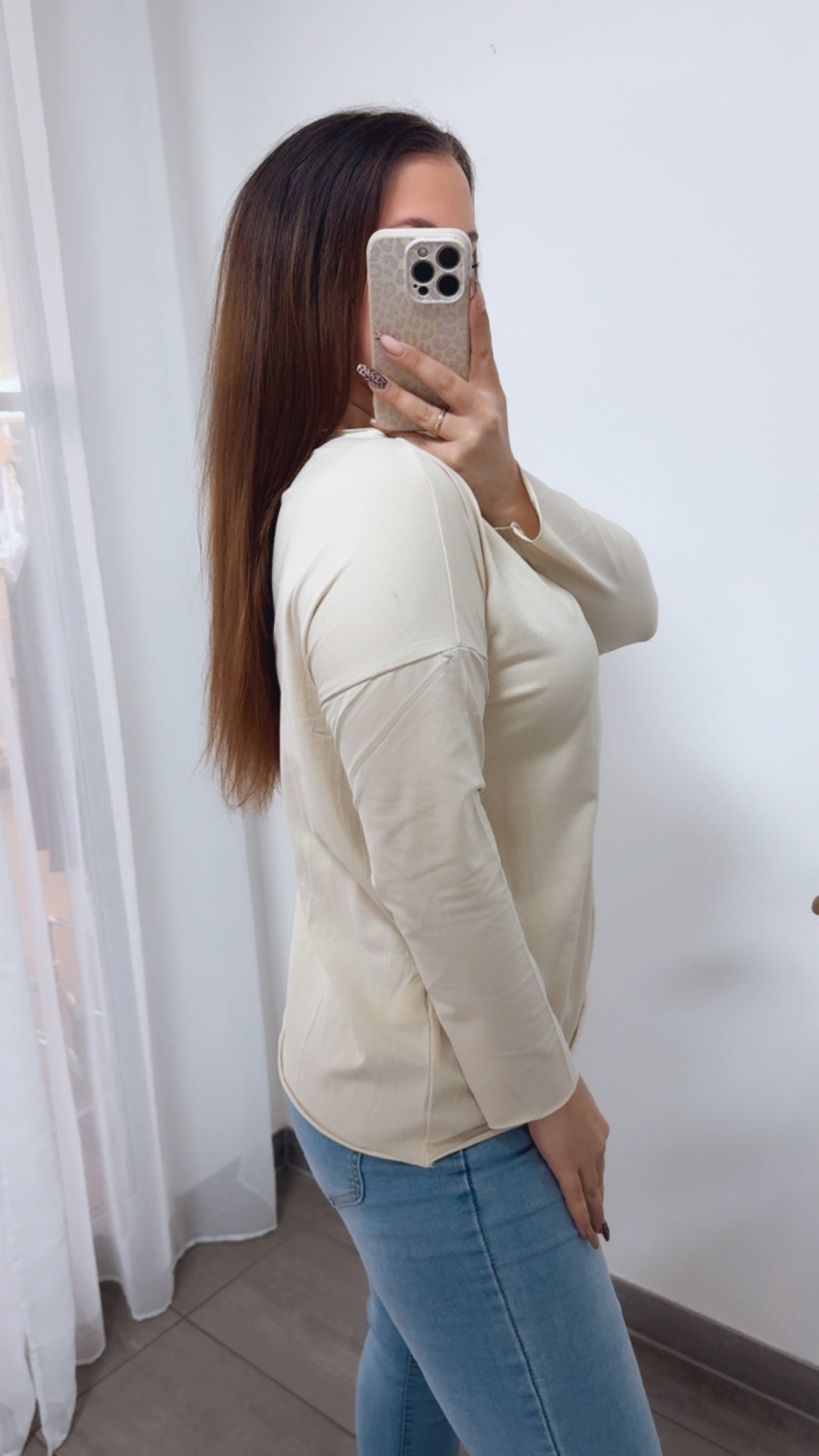 Baumwoll Basic Langarm Oberteil / creme Art. 14242