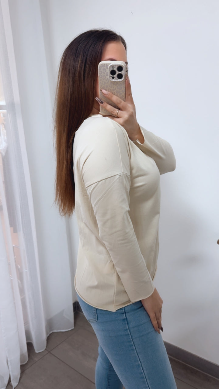 Baumwoll Basic Langarm Oberteil / creme Art. 14242