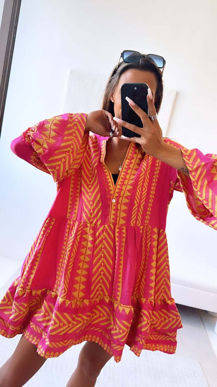 Tunika Kleid mit ausgefallenem Muster, eckige Formen / pink - gelb Art. 6705