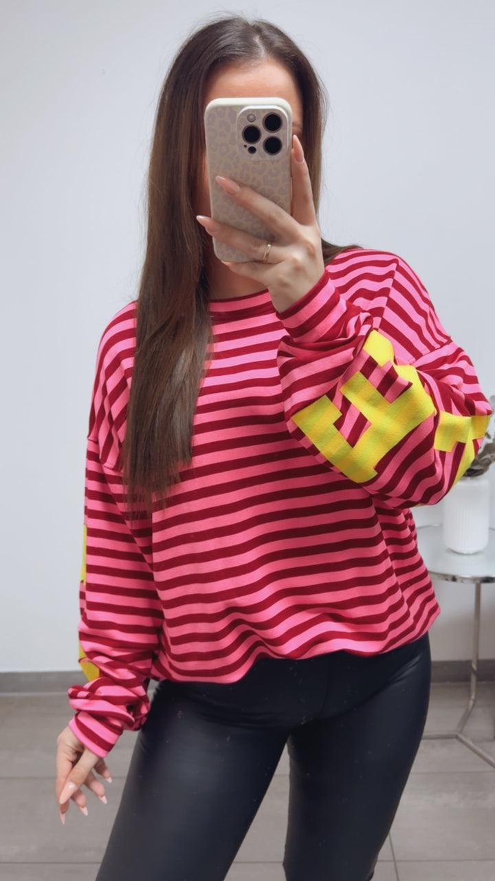 BREITE STREIFEN Pullover " all damn day " / bordeaux rot - pink - neon gelb Art. 13706