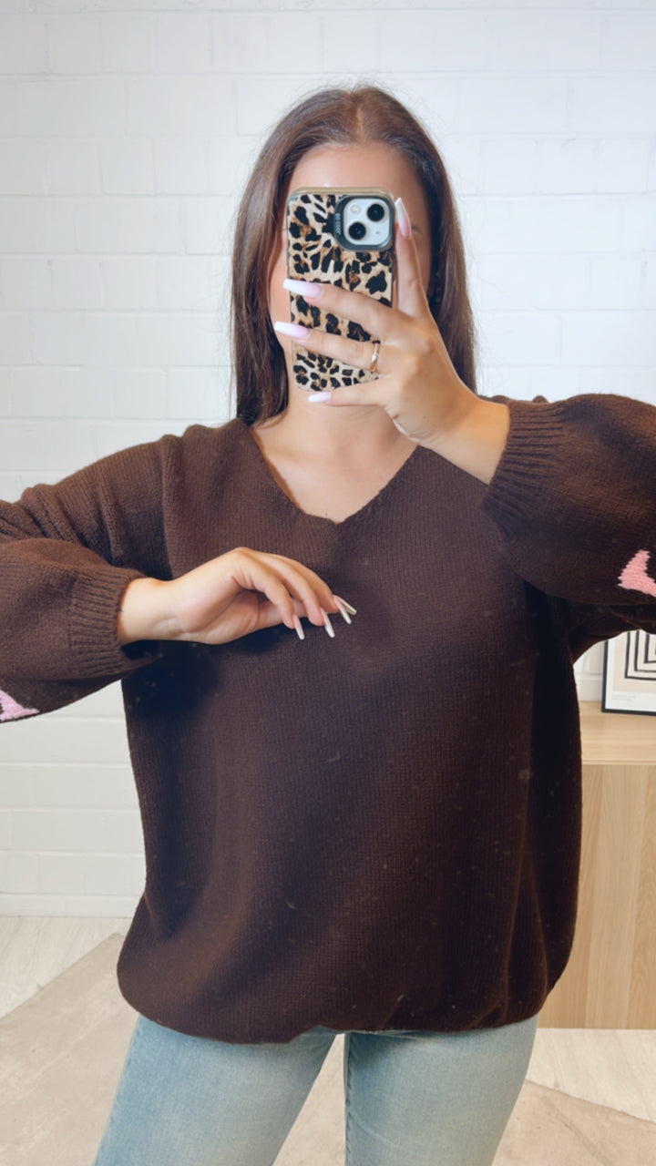 Strick Pullover "Namaste" / dunkel braun - soft pink Art. 11233