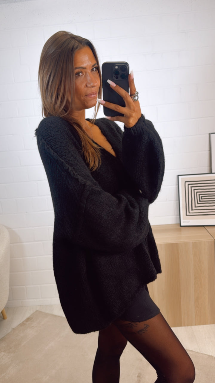 V-AUSSCHNITT Kuschel Cardigan mit goldenen Knöpfen und Taschen / schwarz Art. 12307