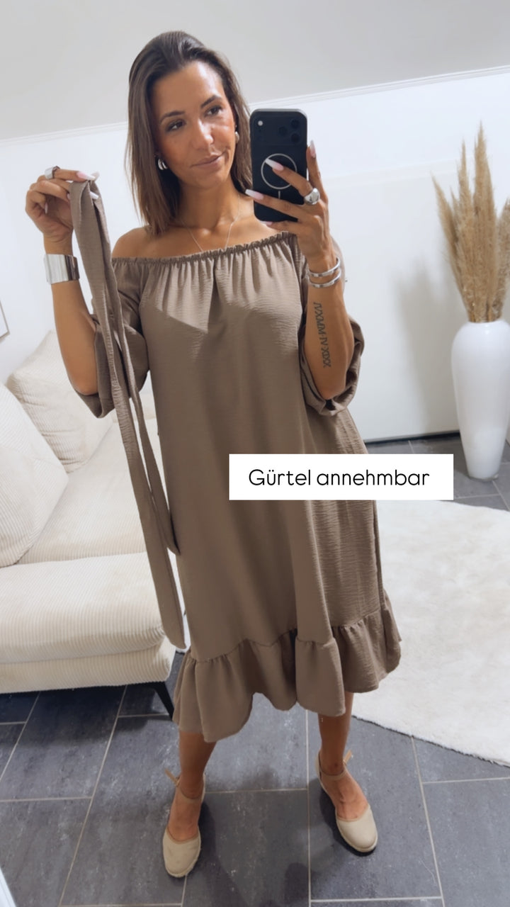 MIDI Off Shoulder Kleid mit Bindegürtel / taupe Art. 15016